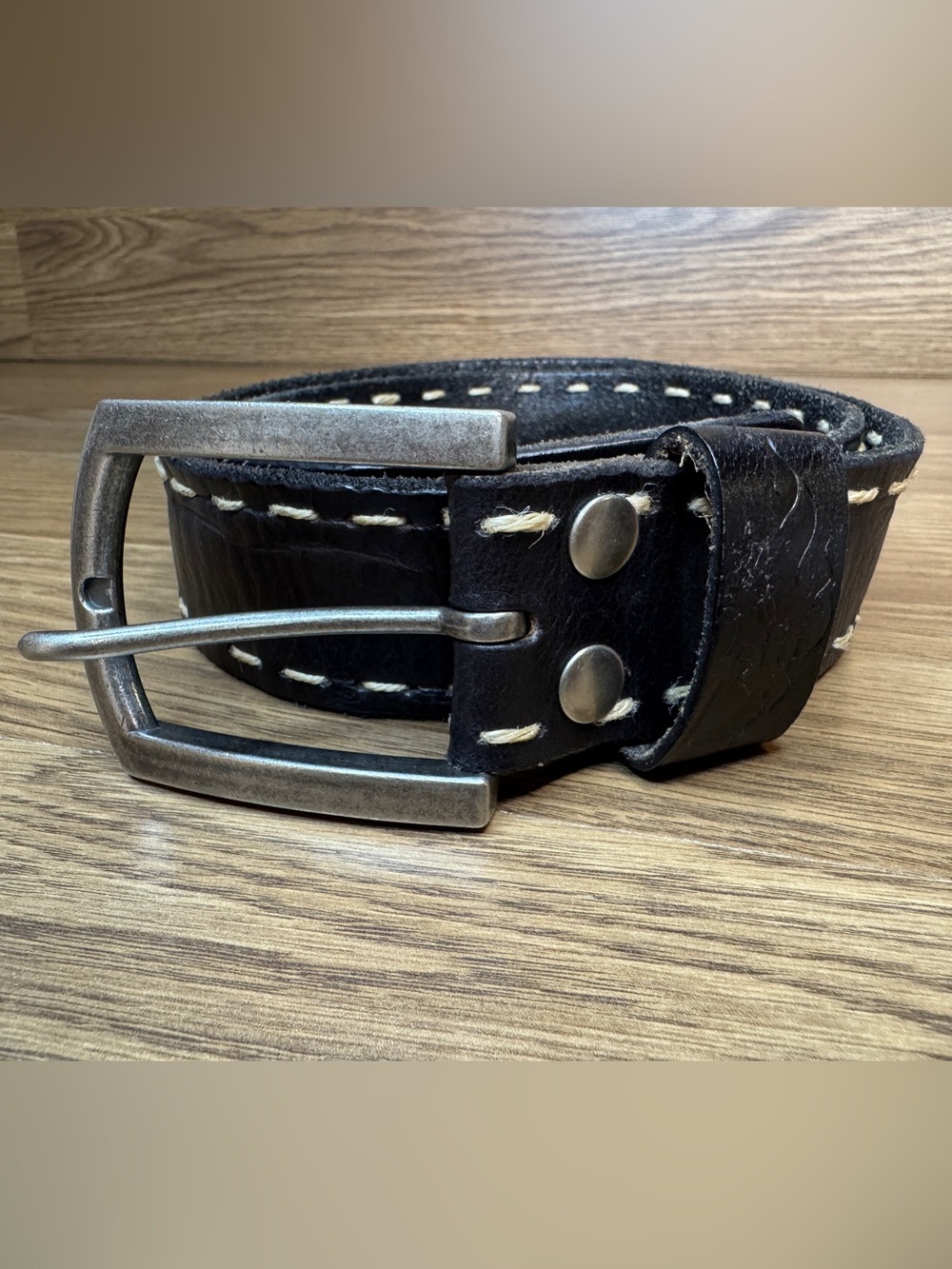 Bed | Stu Black Leather White Stitching Belt Heavy Silver Buckle Mens 34